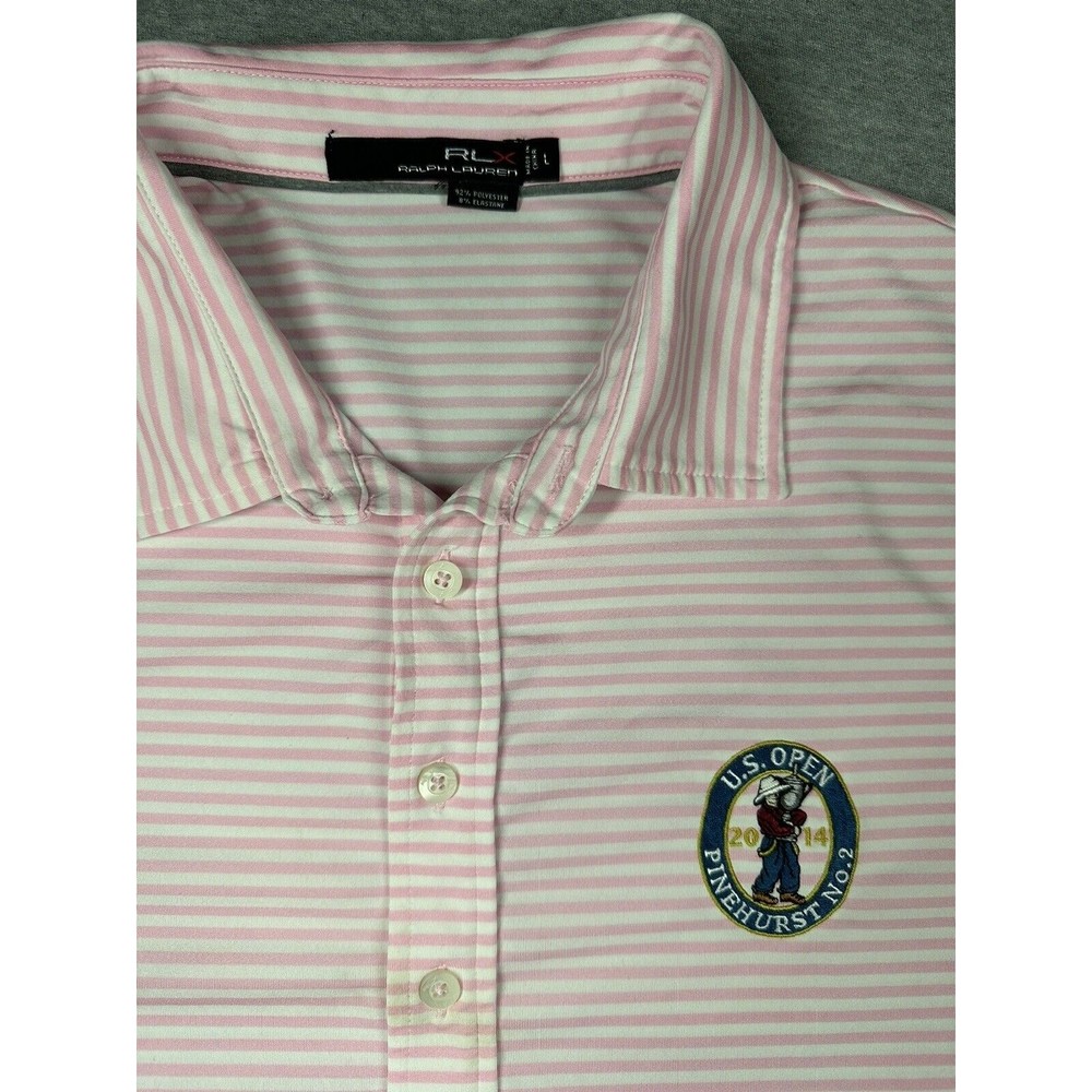 RLX Ralph Lauren Polo Shirt Mens Large Pink Striped 2014 US Open Pinehurst Golf‎